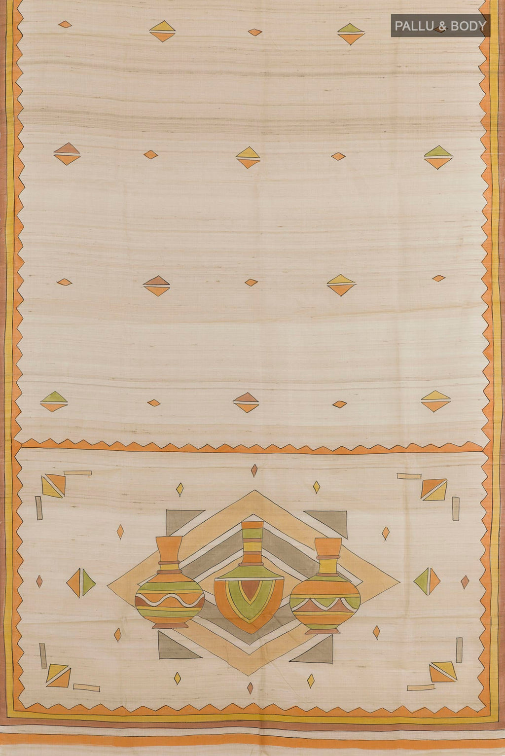 Flat view of Cream Tussar Saree with Printed design on the body and Printed Border. 