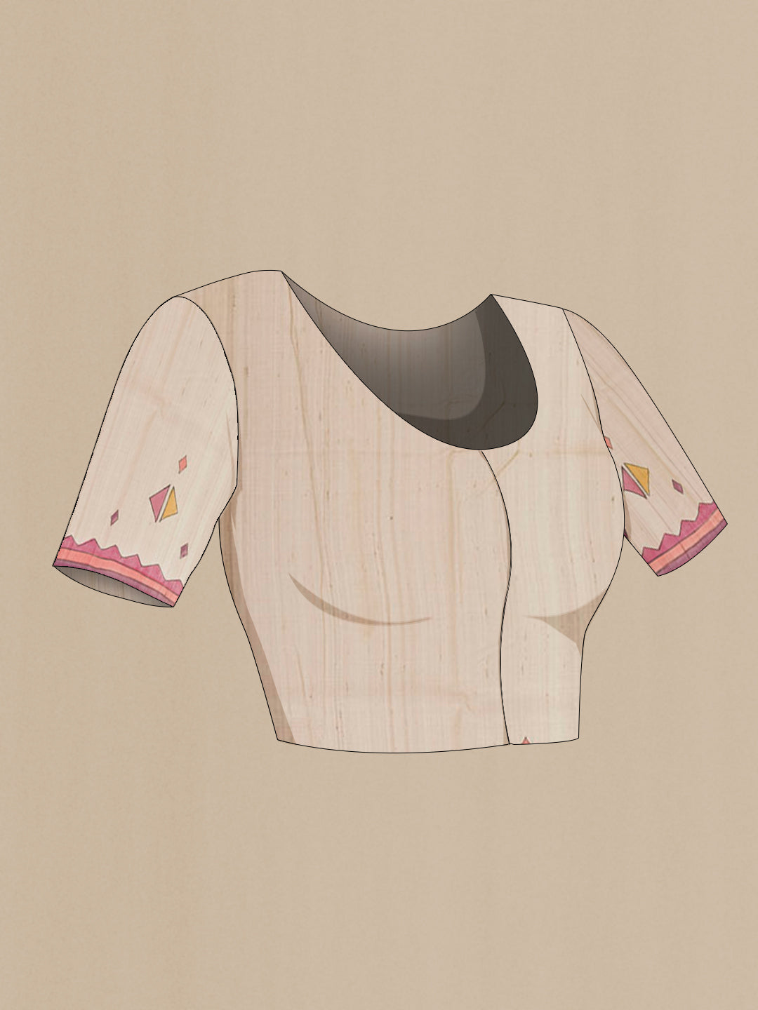 Close up image of the blouse of Cream Tussar Saree with Printed design on the body and Printed Border. 