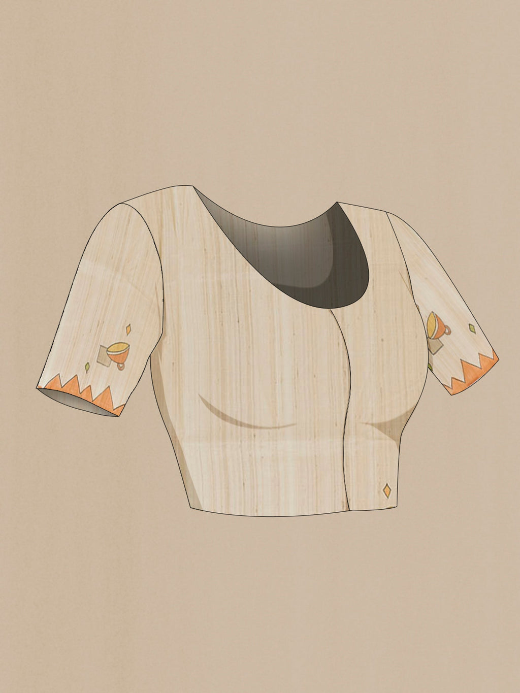 Close up image of the blouse of Cream Tussar Saree with Printed design on the body and Printed Border. 