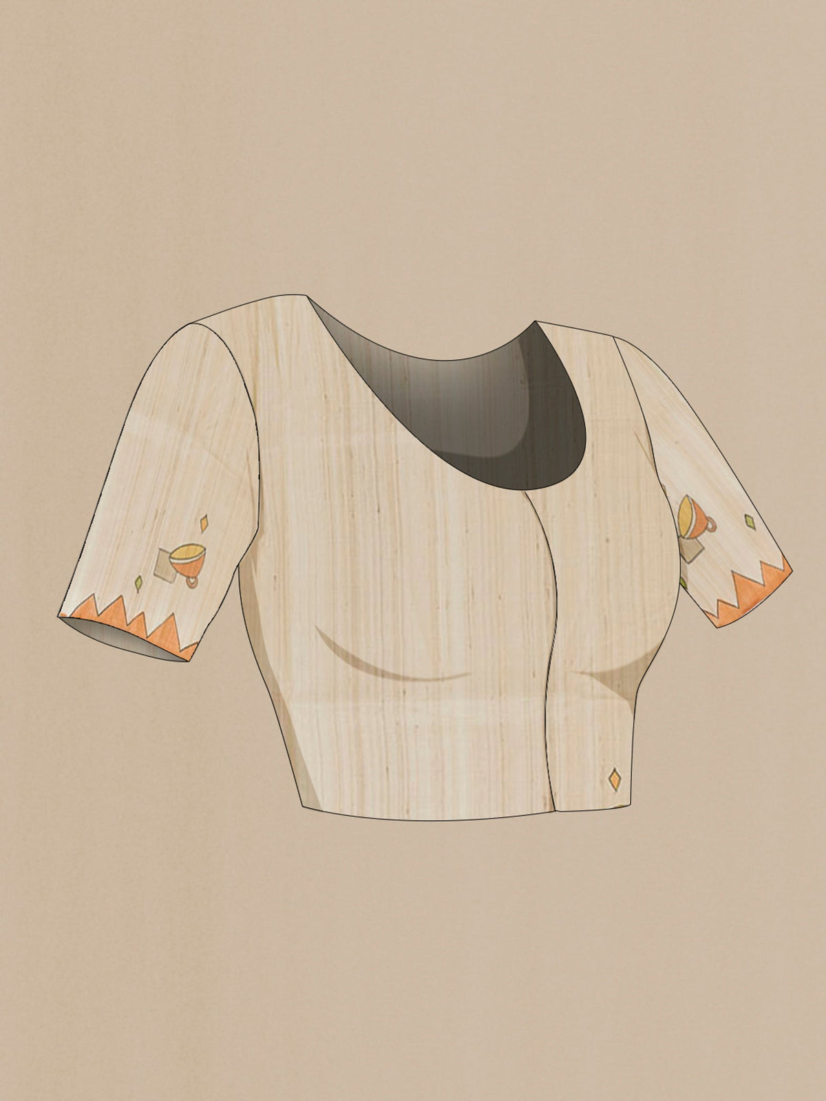 Close up image of the blouse of Cream Tussar Saree with Printed design on the body and Printed Border. 