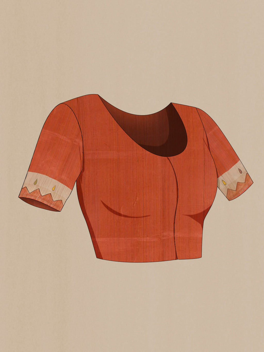 Close up image of the blouse of Orange Tussar Saree with Plain Body and Zari Border. 
