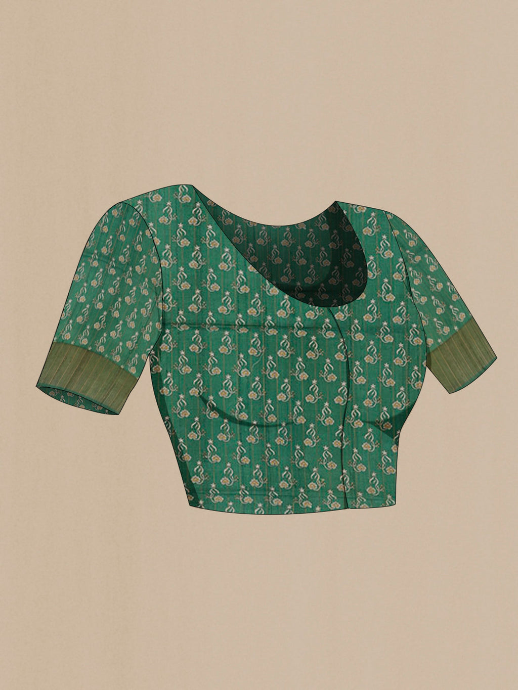 Close up image of the blouse of Off White Tussar Saree with Thread Butta on the body and Zari Border. 