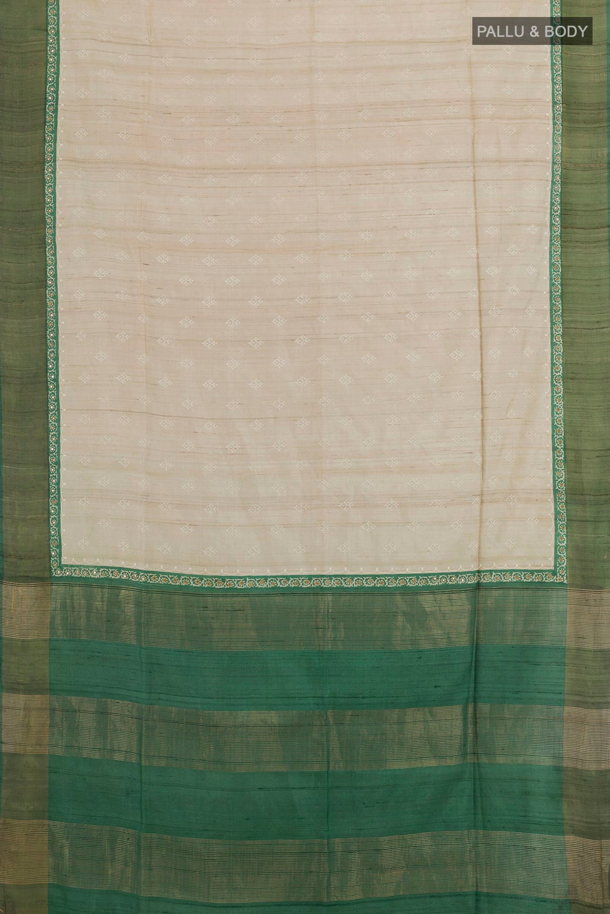 Flat view of Off White Tussar Saree with Thread Butta on the body and Zari Border. 