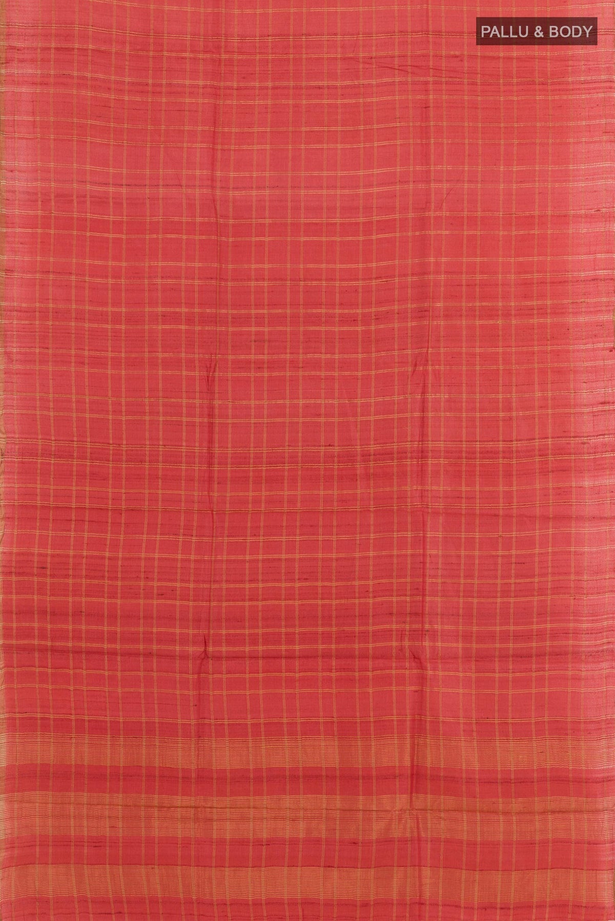 Flat view of Red Tussar Saree with Checked design on the body and Zari Border. 