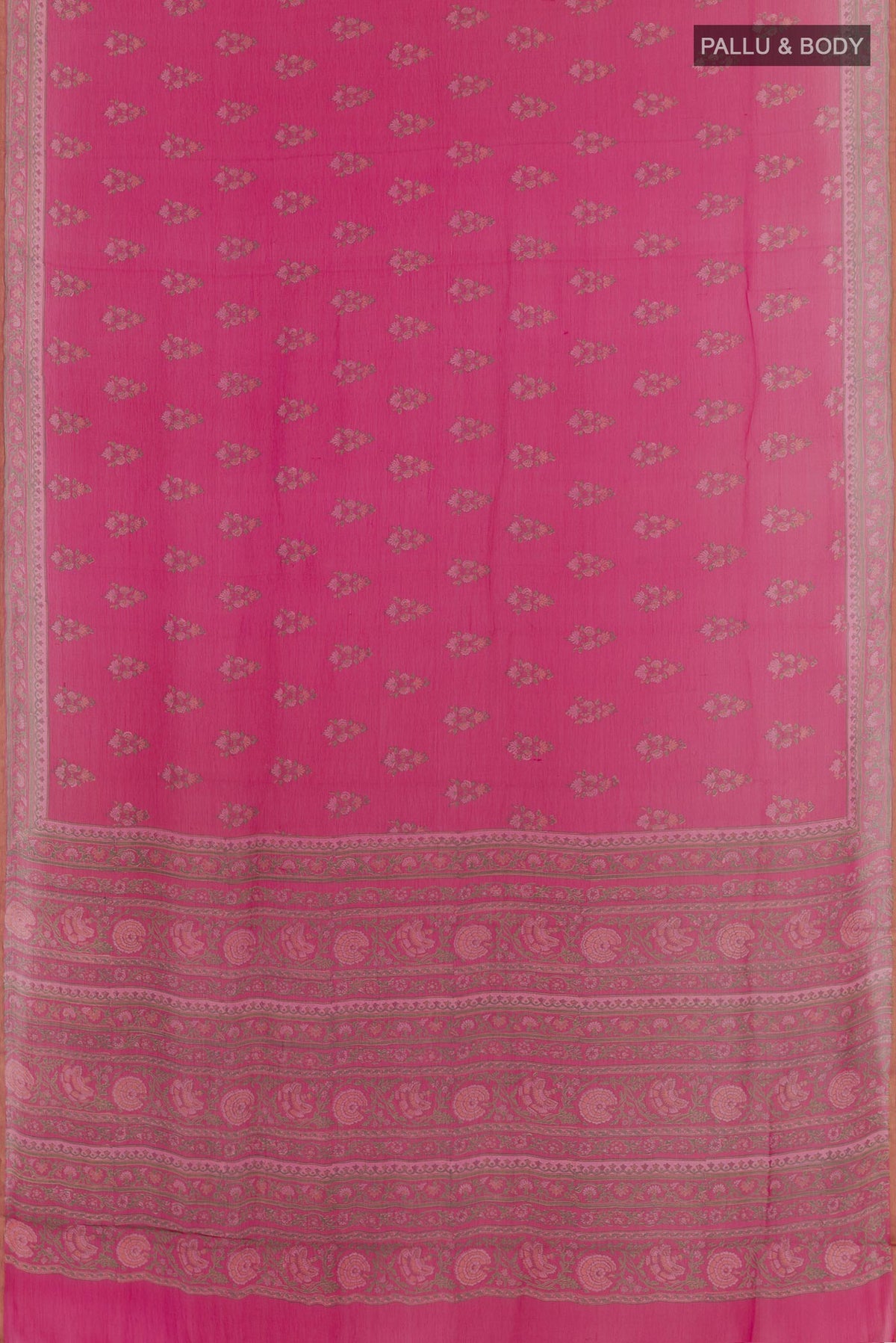 Flat view of Pink Chiffon Saree with Printed design on the body and Plain Border. 