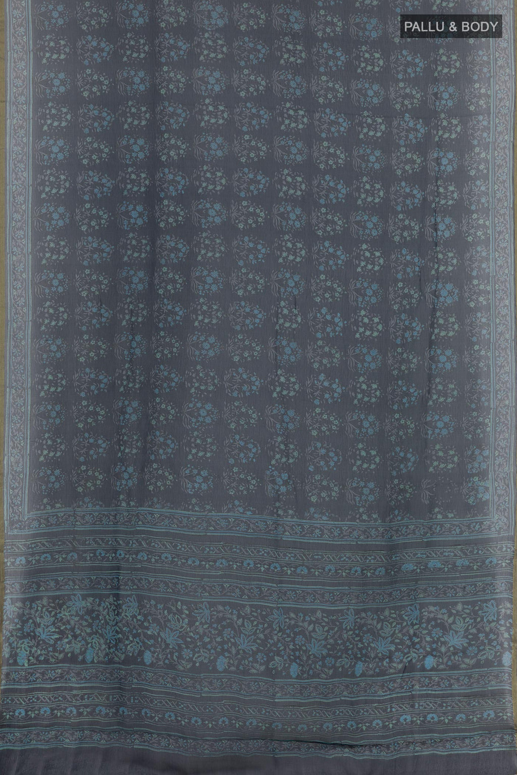 Flat view of Blue Chiffon Saree with Printed design on the body and Plain Border. 