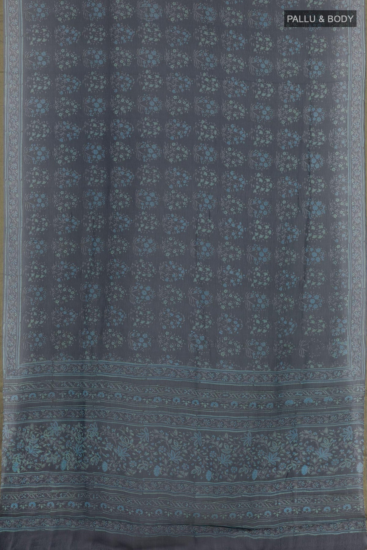 Flat view of Blue Chiffon Saree with Printed design on the body and Plain Border. 