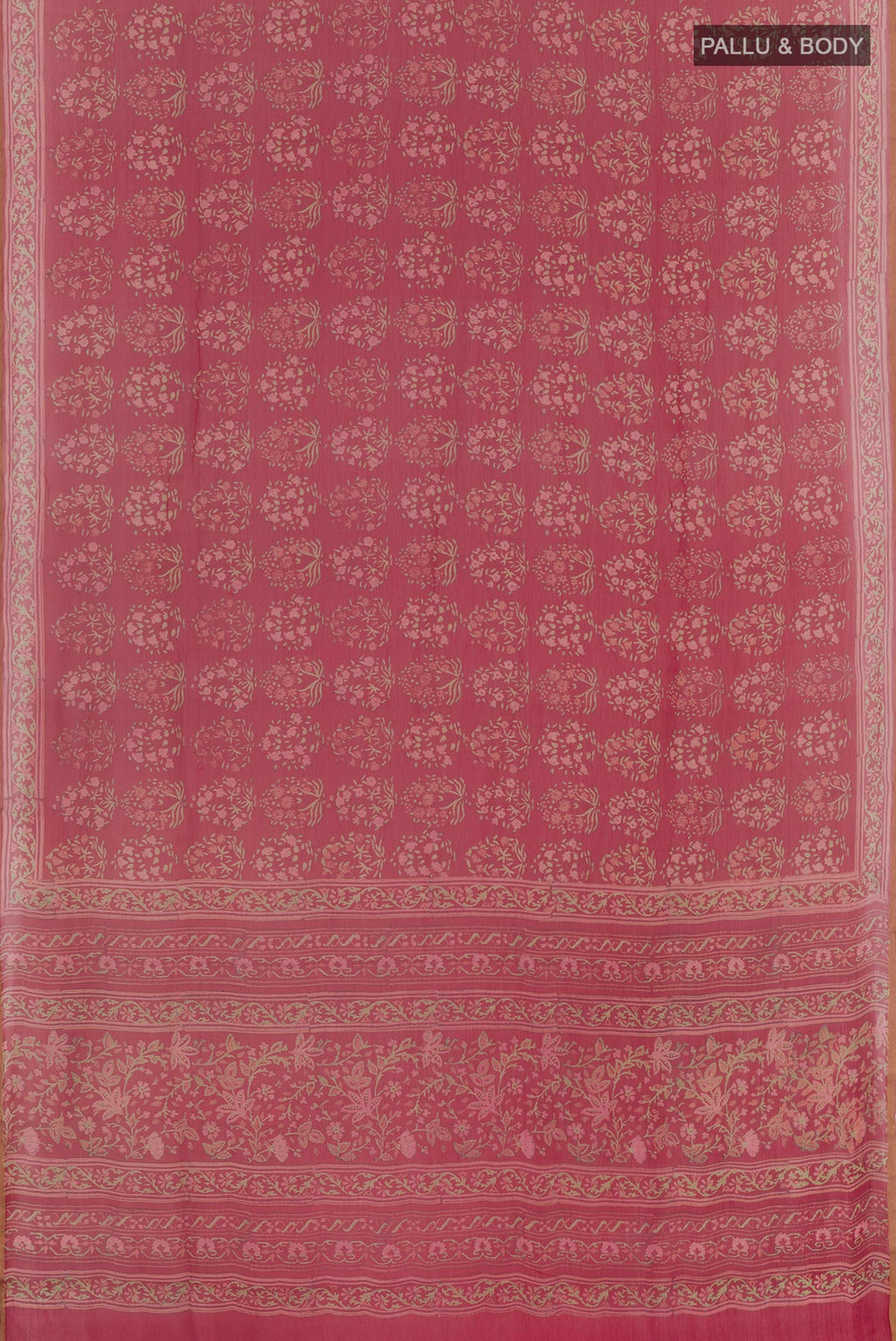 Flat view of Red Chiffon Saree with Printed design on the body and Plain Border. 