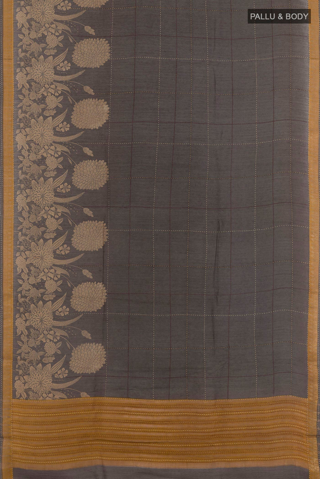 Flat view of Black Tussar Saree with Checked design on the body and Zari Border. 
