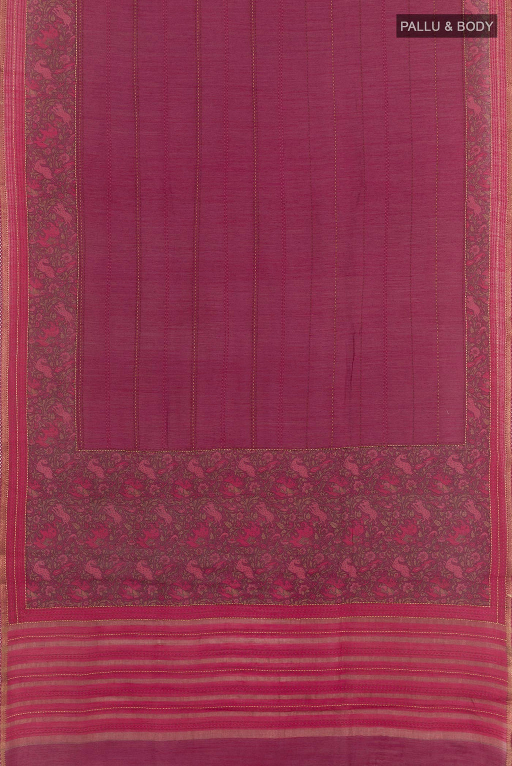 Flat view of Purple Tussar Saree with Stripes on the body and Zari Border. 