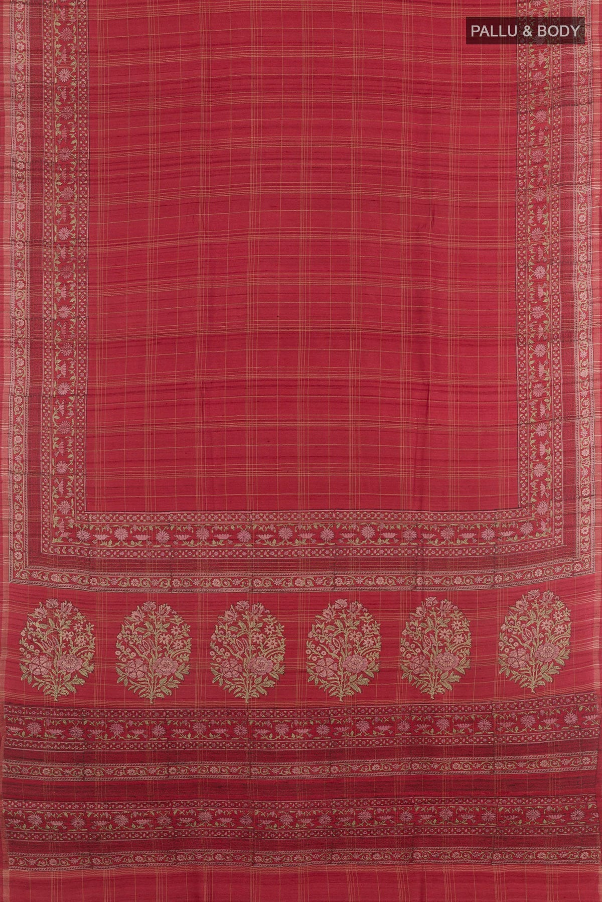 Flat view of Red Tussar Saree with Checked design on the body and Zari Border. 