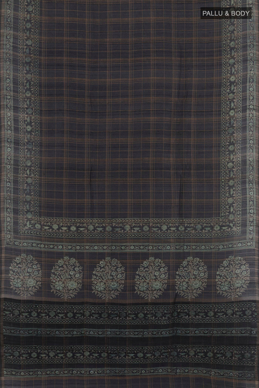 Flat view of Dark Blue Tussar Saree with Stripes on the body and Zari Border. 