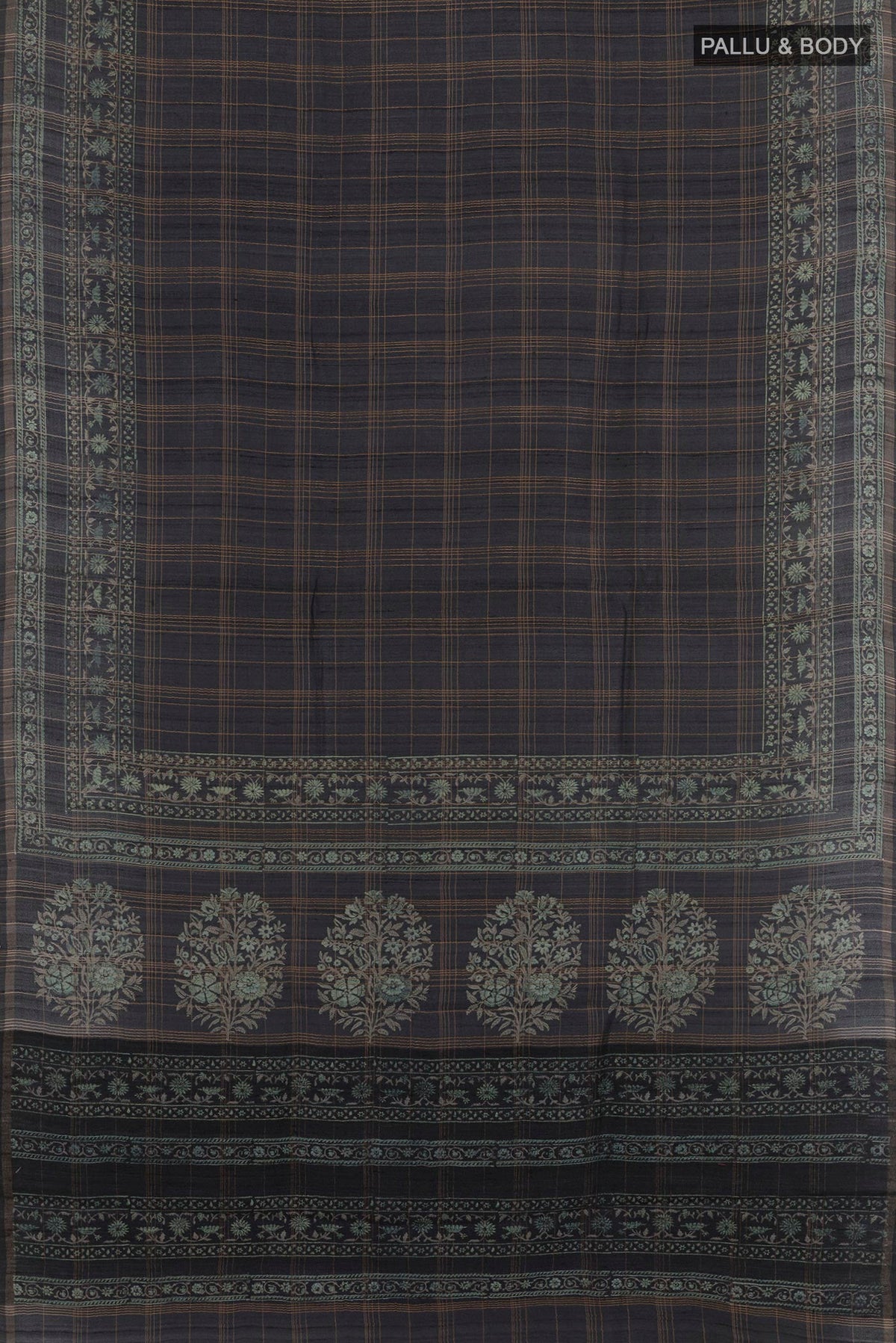 Flat view of Dark Blue Tussar Saree with Stripes on the body and Zari Border. 