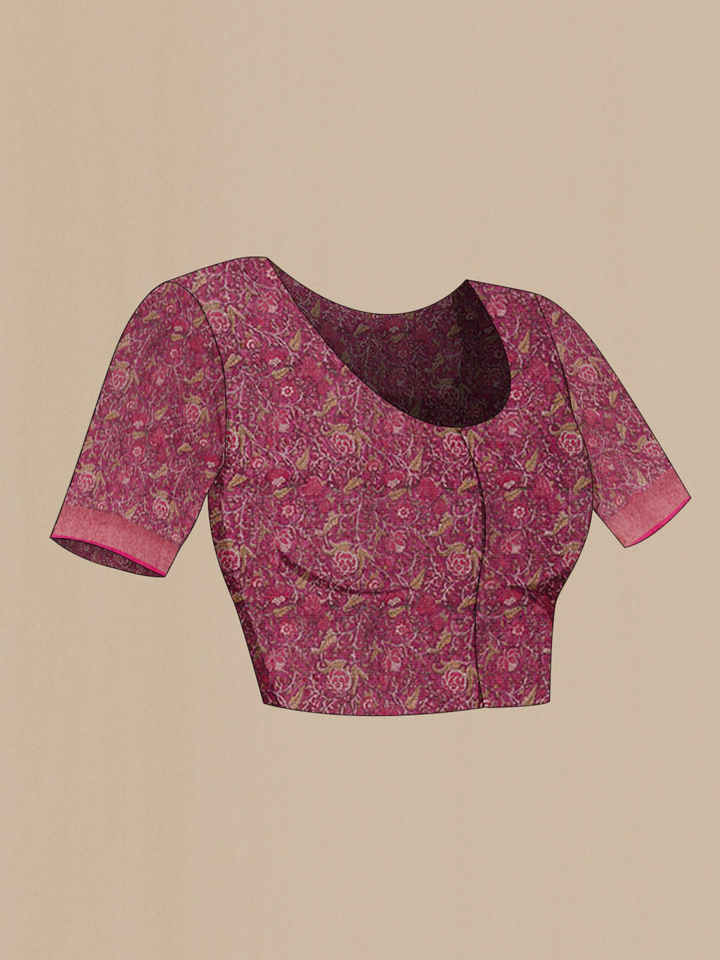 Close up image of the blouse of Pink Tussar Saree with Checked design on the body and Zari Border. 