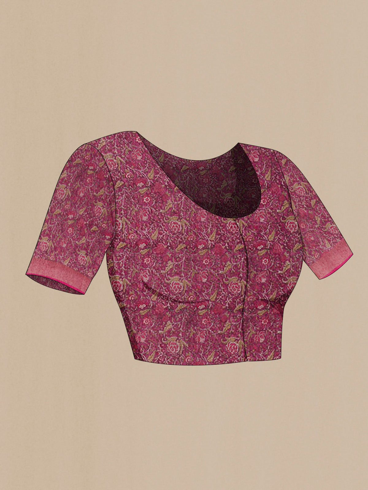 Close up image of the blouse of Pink Tussar Saree with Checked design on the body and Zari Border. 