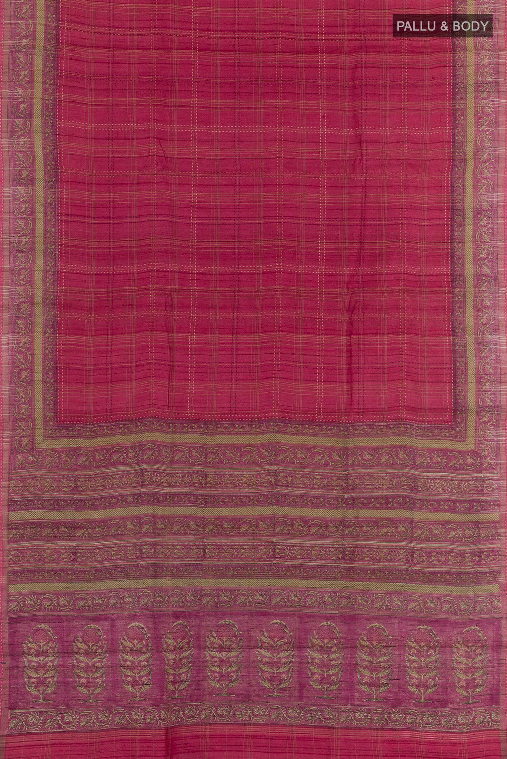 Flat view of Pink Tussar Saree with Checked design on the body and Zari Border. 