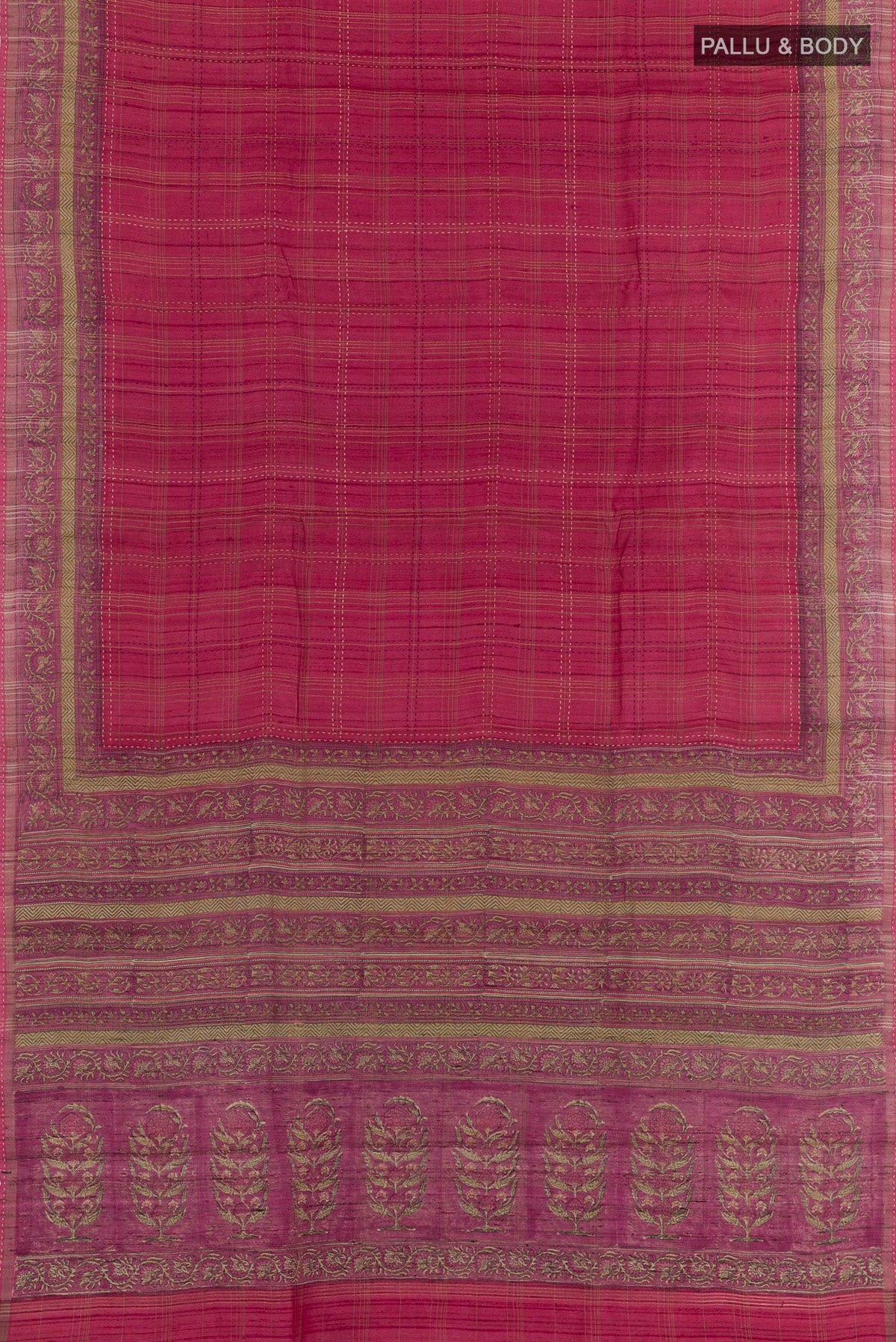 Flat view of Pink Tussar Saree with Checked design on the body and Zari Border. 