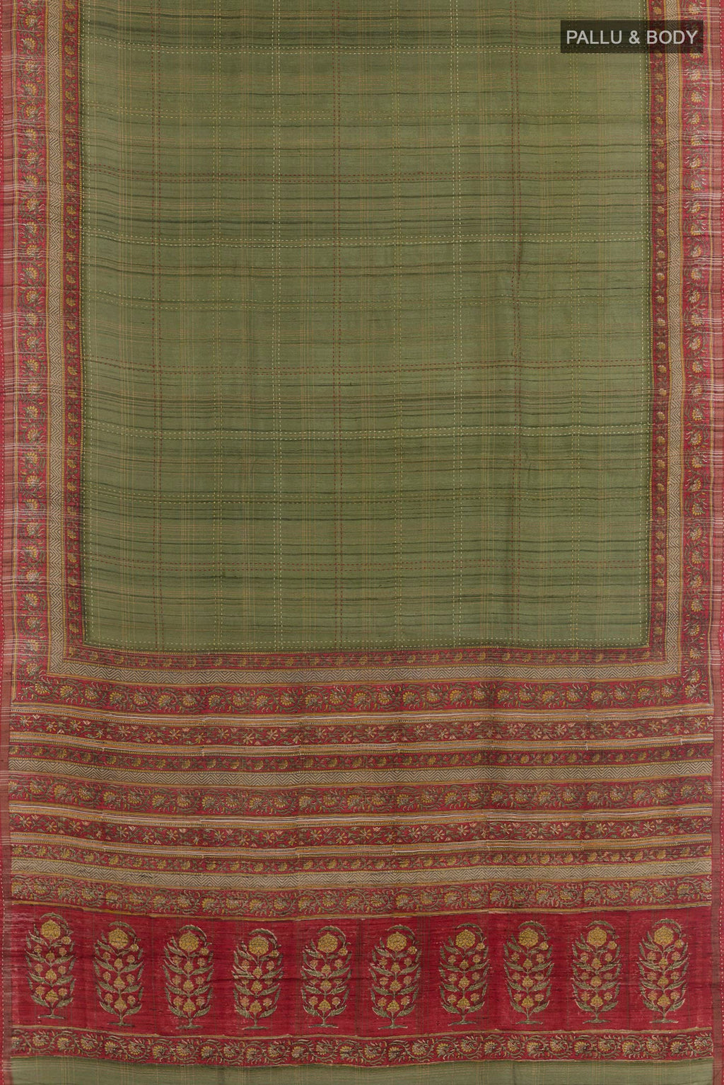 Flat view of Green Tussar Saree with Checked design on the body and Zari Border. 