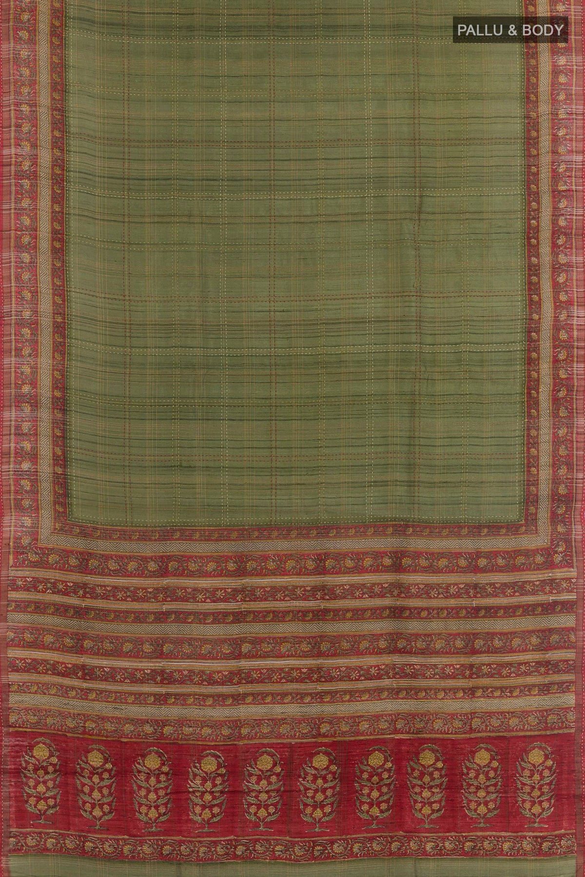Flat view of Green Tussar Saree with Checked design on the body and Zari Border. 