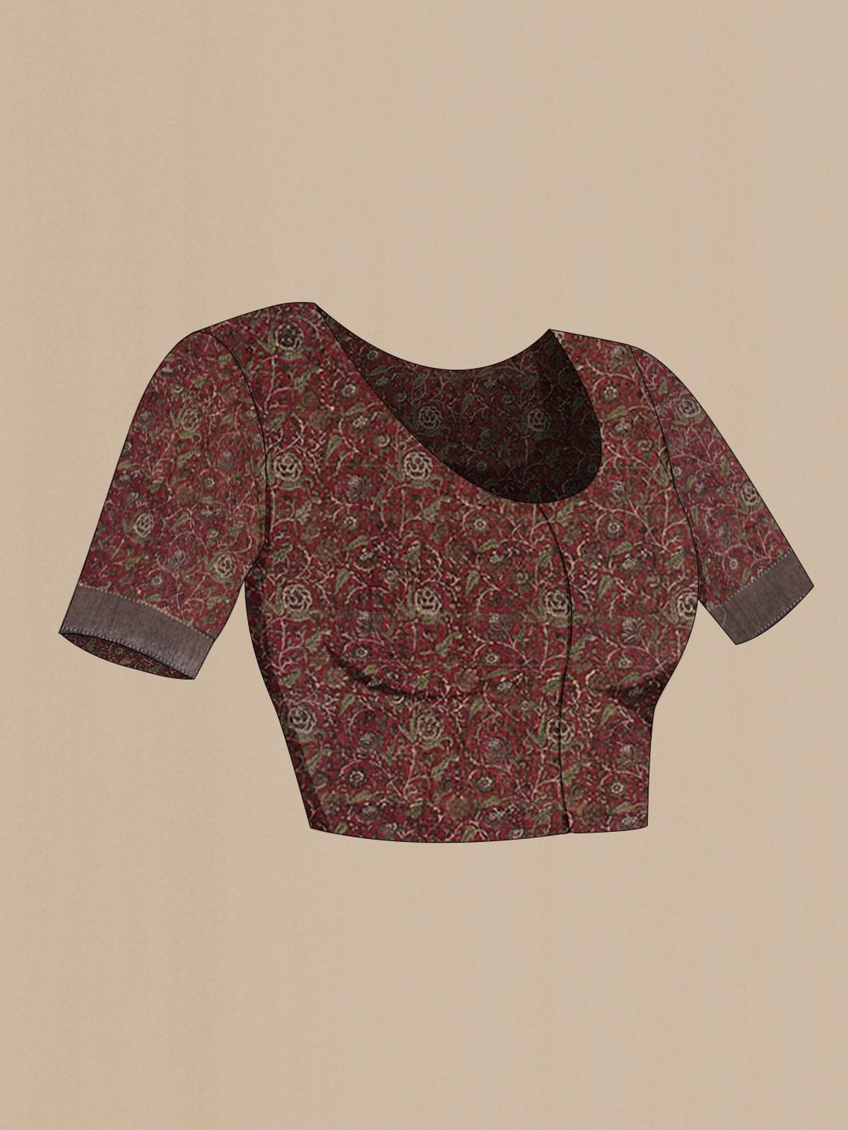 Close up image of the blouse of Grey Tussar Saree with Checked design on the body and Zari Border. 