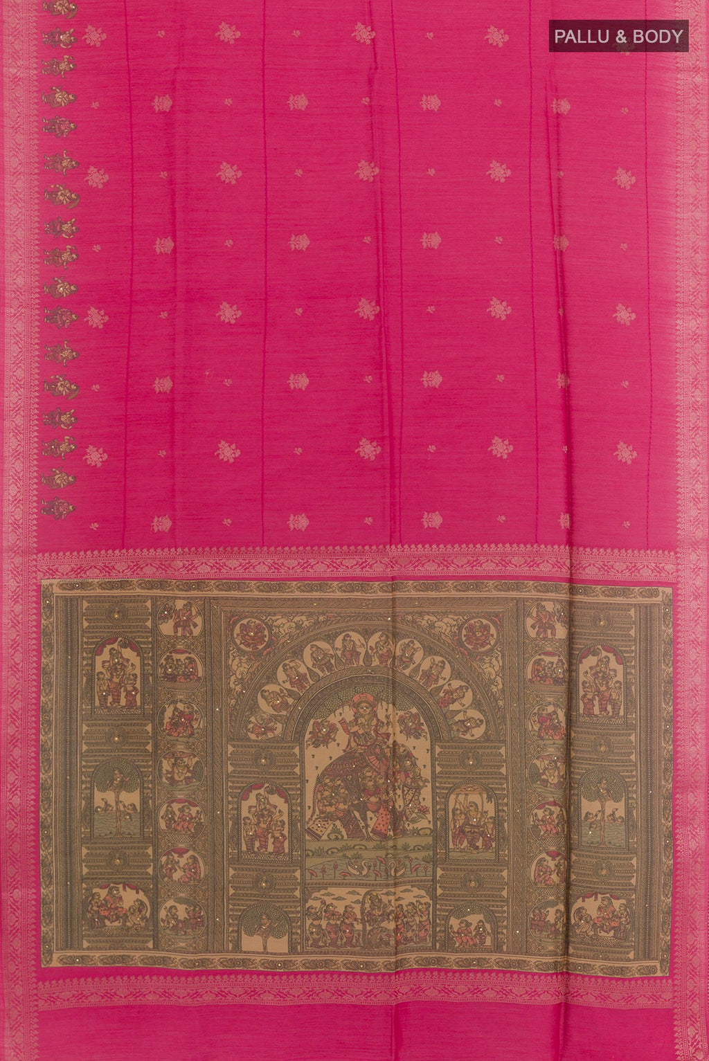 Flat view of Pink Tussar Saree with Zari Butta on the body and Zari Border. 