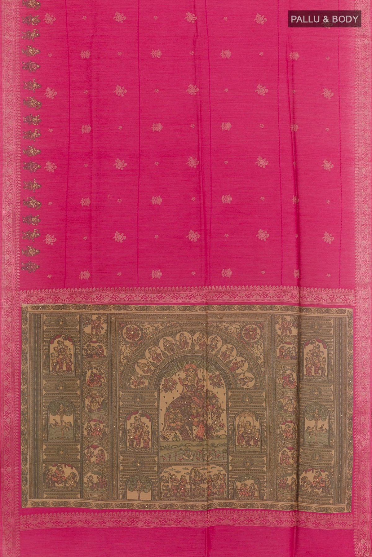 Flat view of Pink Tussar Saree with Zari Butta on the body and Zari Border. 