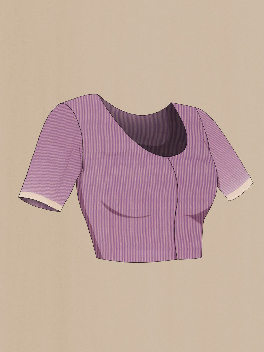 Close up image of the blouse of Lavender Tussar Saree with Printed design on the body and Zari Border. 