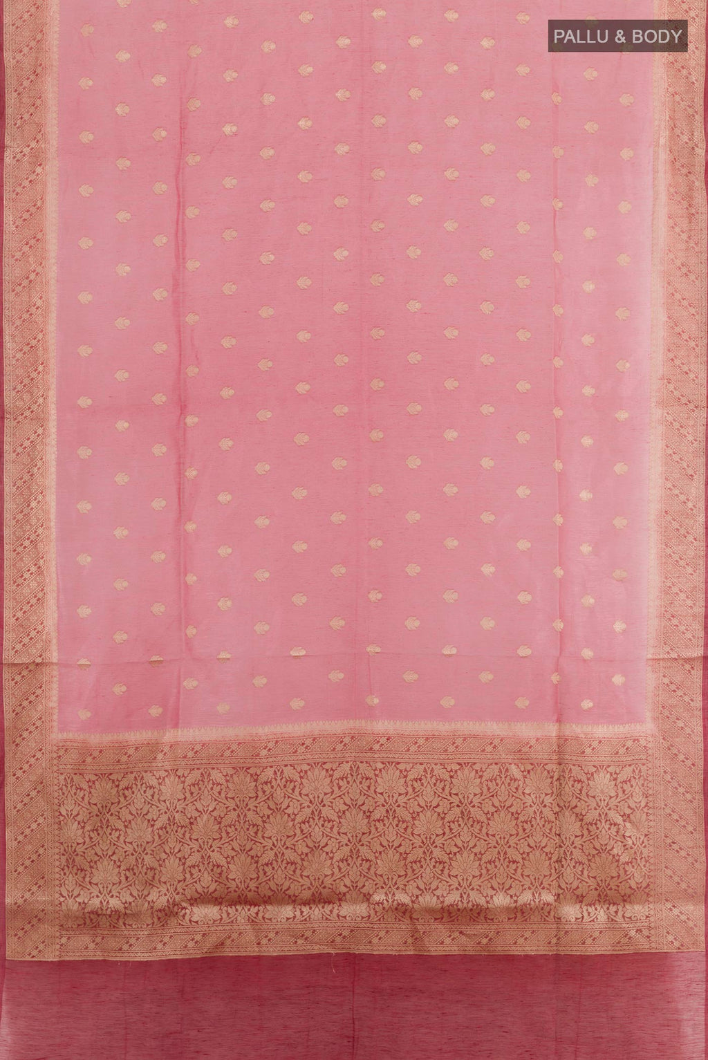 Flat view of Pink Linen Saree with Zari Butta on the body and Zari Border. 