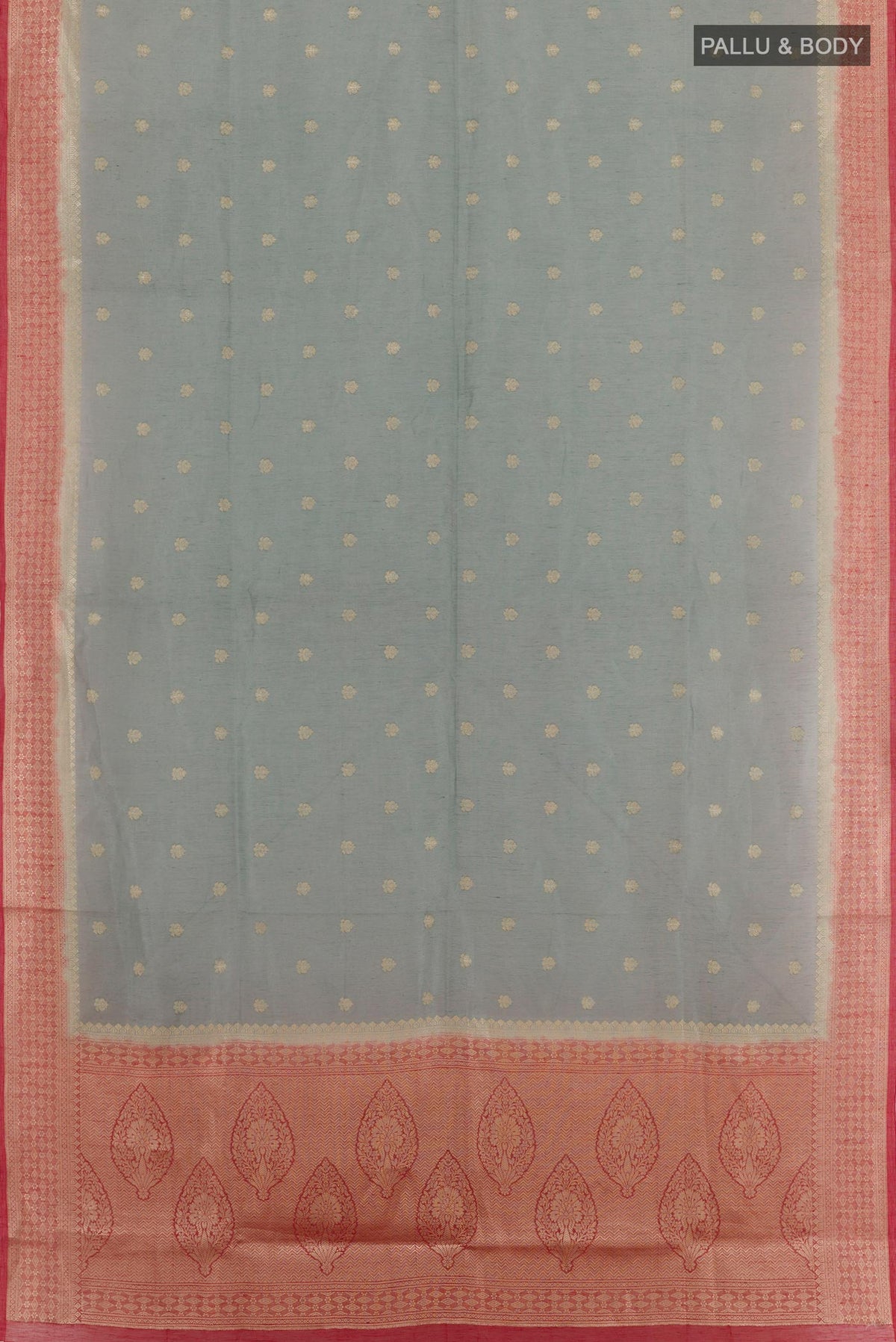 Flat view of Grey Linen Saree with Zari Butta on the body and Zari Border. 