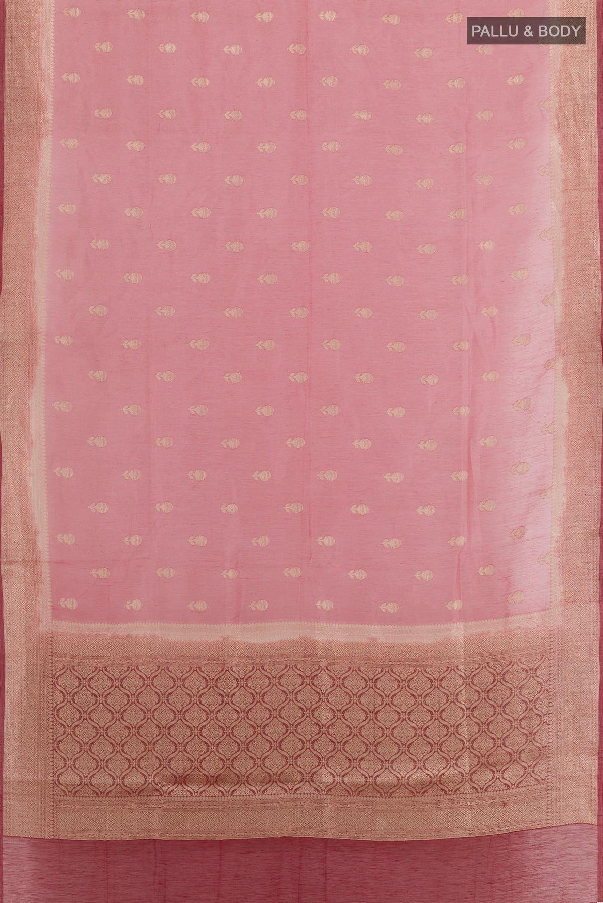 Flat view of Pink Linen Saree with Zari Butta on the body and Zari Border. 