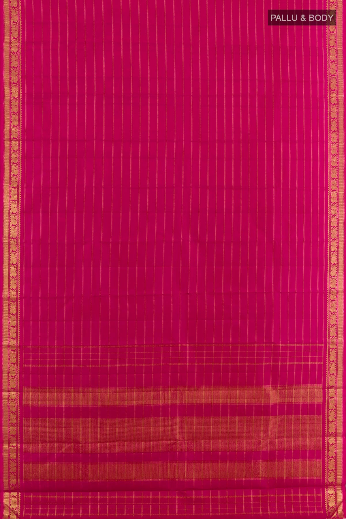 Flat view of Pink Kanchipuram Silk Saree with Stripes on the body and Zari Border. 