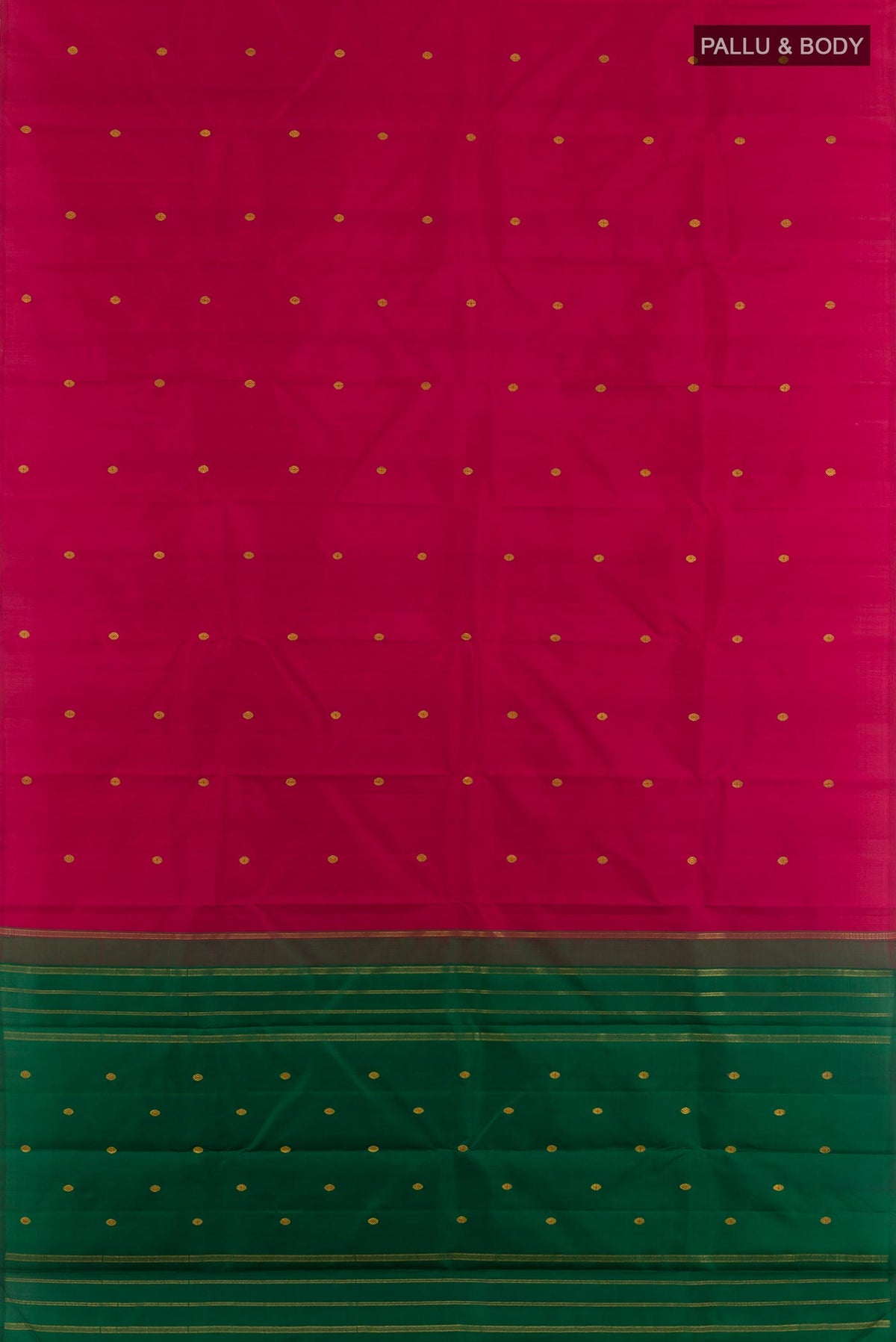 Flat view of Maroon Kanchipuram Silk Saree with Zari Butta on the body and Ganga Jamuna Border. 