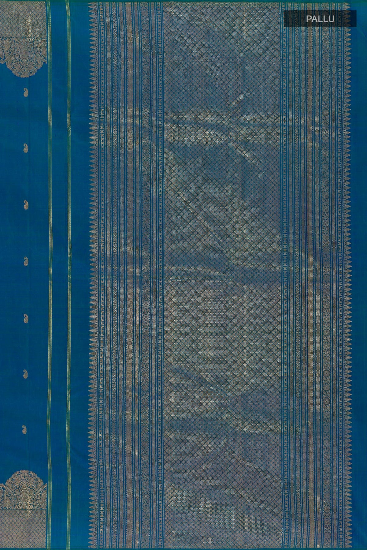Close up image of the pallu of Peacock Blue Kanchipuram Silk Saree with Zari Butta on the body and Zari Border. 