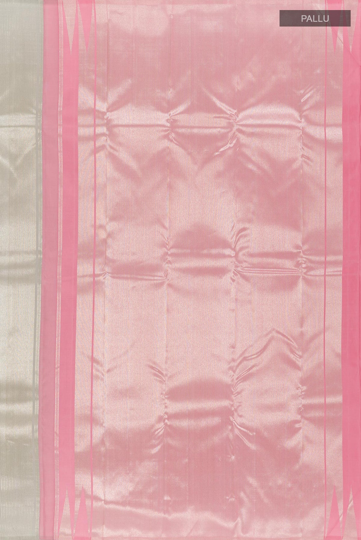 Close up image of the pallu of Silver Kanchipuram Silk Saree with Zari Brocade on the body and Zari Border. 