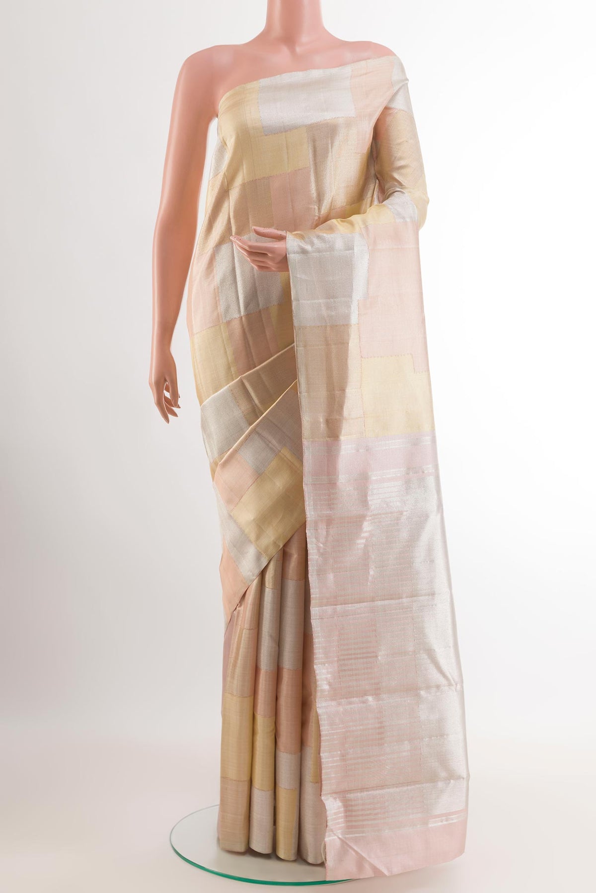 Pure Silk Pure Zari Imperial Pink Kanjivaram Saree with Zari Brocade on the body and Zari Border.  displayed on a mannequin