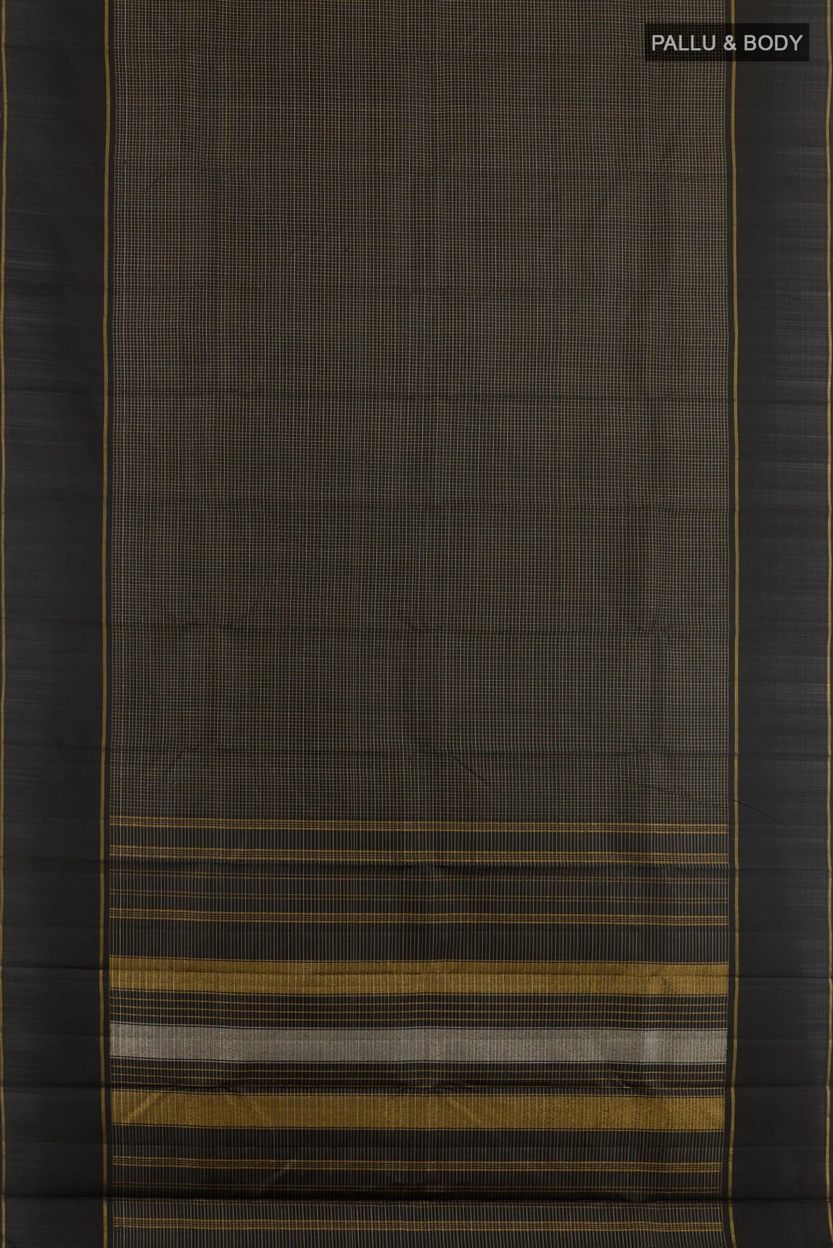 Flat view of Black Kanchipuram Silk Saree with Checked design on the body and Zari Border. 