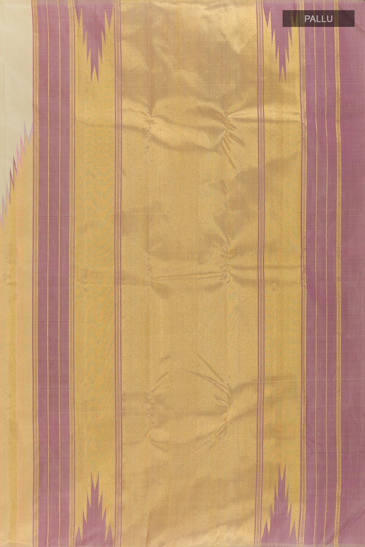Close up image of the pallu of Cream Kanchipuram Silk Saree with Plain Body and Rising Temple Border. 