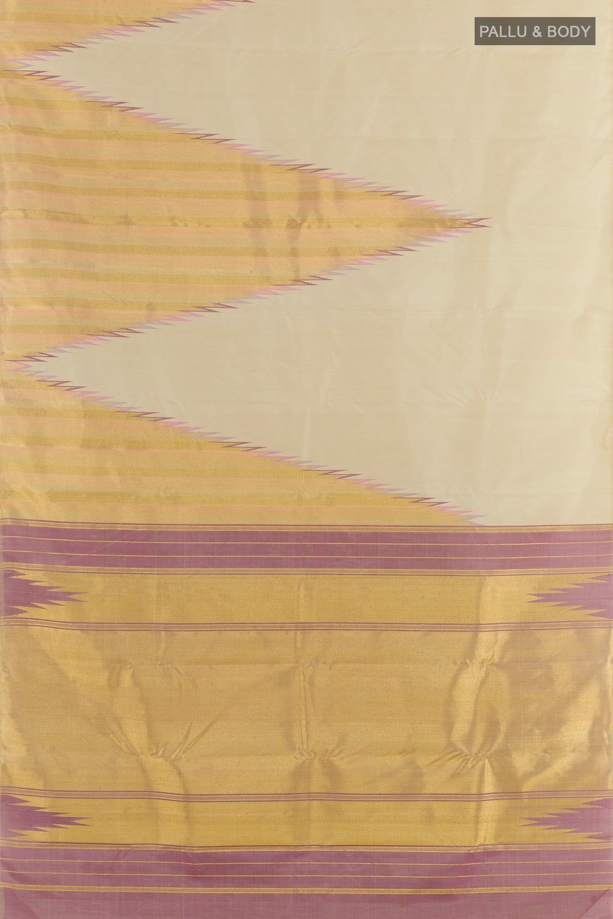 Flat view of Cream Kanchipuram Silk Saree with Plain Body and Rising Temple Border. 