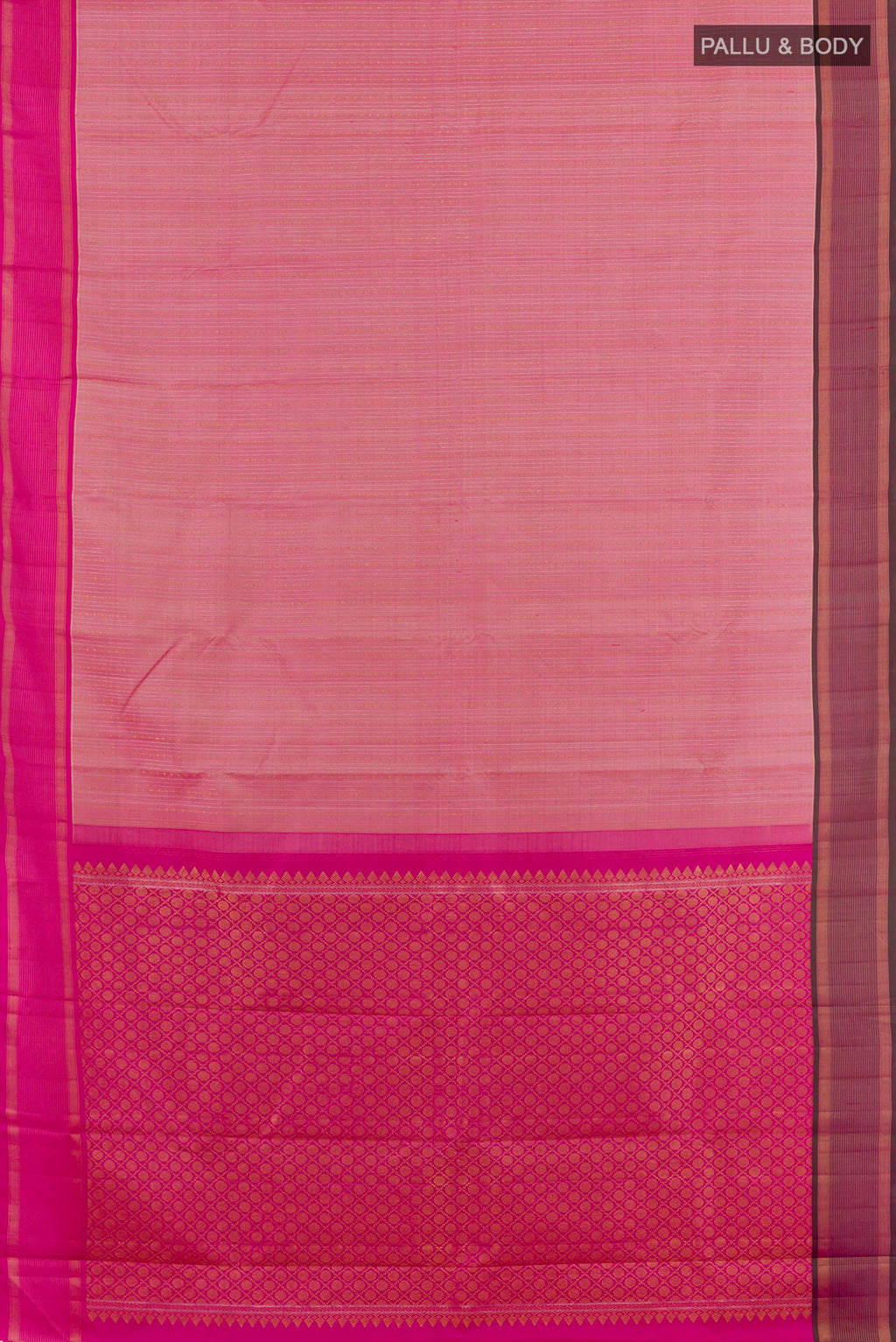 Flat view of Pink Kanjivaram Silk Saree with Stripes on the body and Zari Border. 
