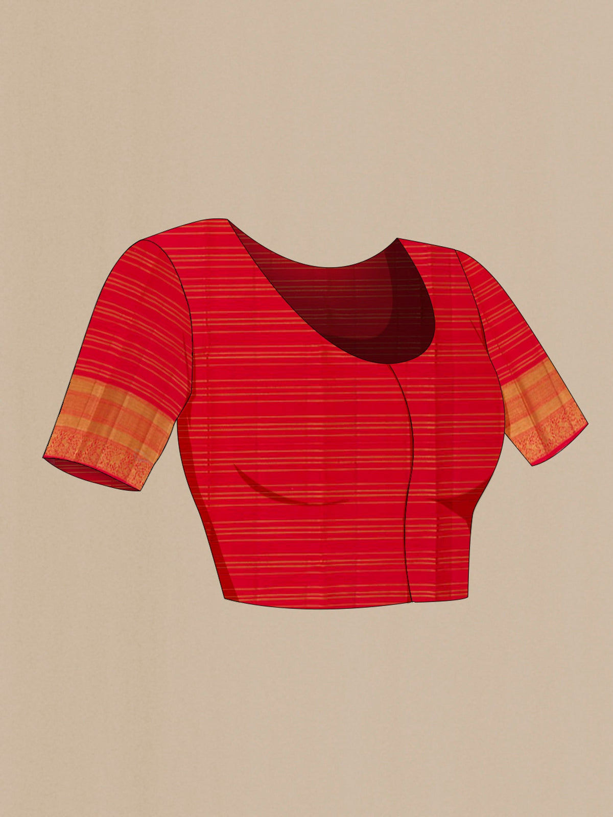 Close up image of the blouse of Orange Kanchipuram Silk Saree with Checked design on the body and Ganga Jamuna Border. 