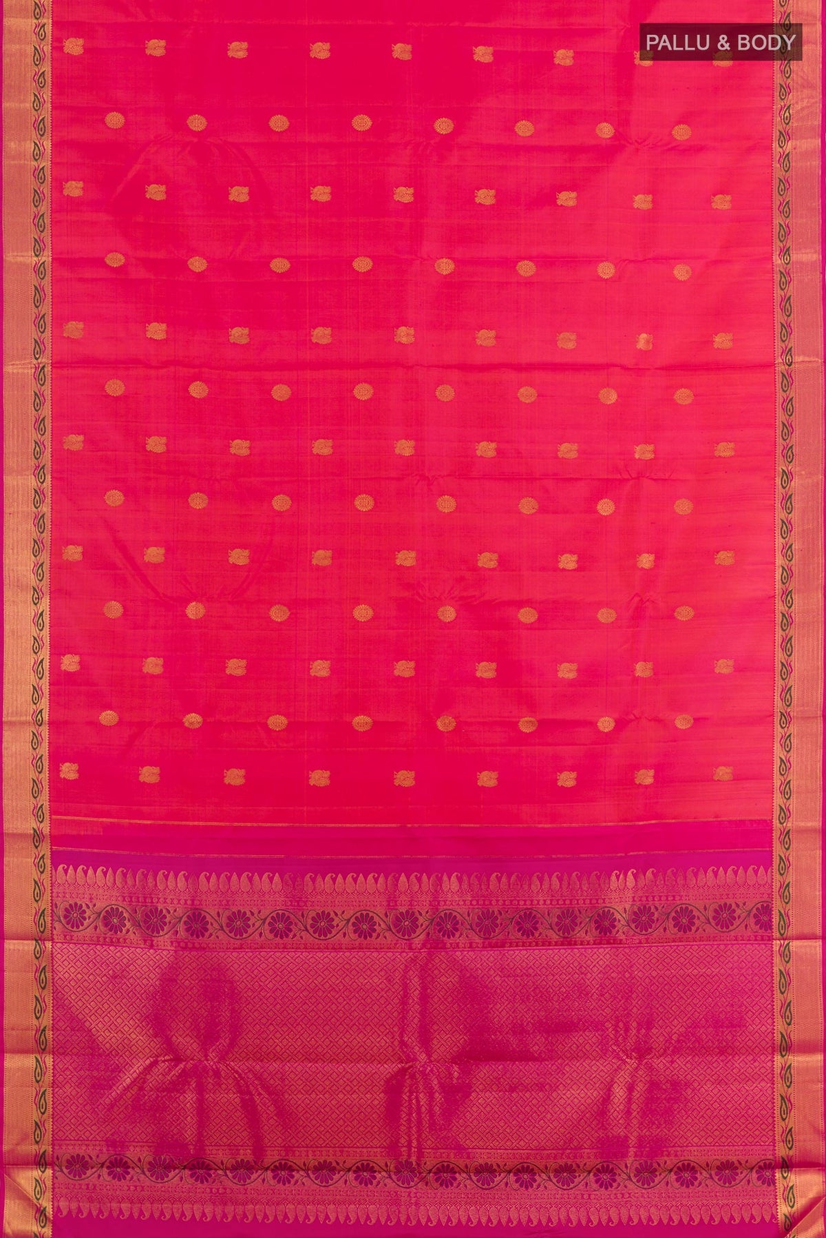 Flat view of Orange with Pink Color Kanchipuram Silk Saree with Zari Butta on the body and Zari Border. 
