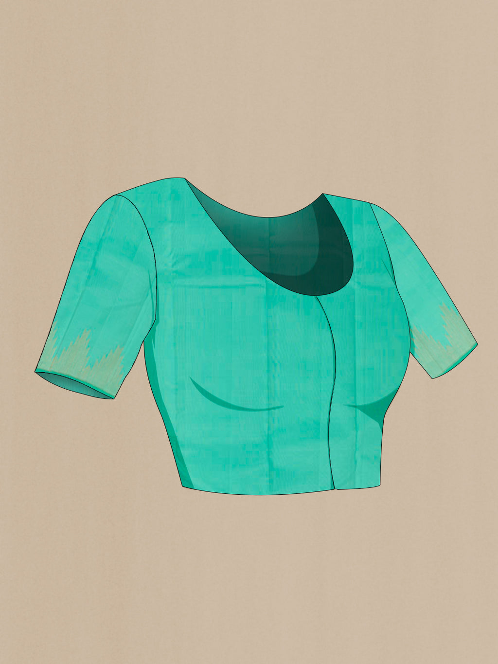 Close up image of the blouse of Turquoise Kanjivaram Silk Saree with Zari Butta on the body and Zari Border. 