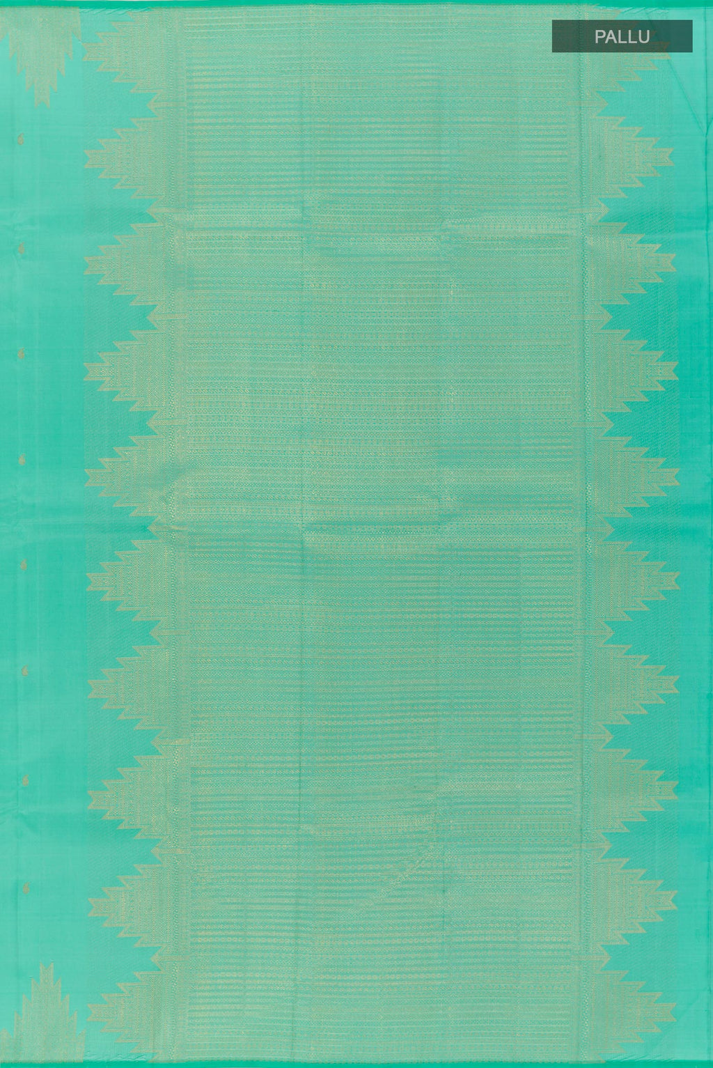 Close up image of the pallu of Turquoise Kanjivaram Silk Saree with Zari Butta on the body and Zari Border. 