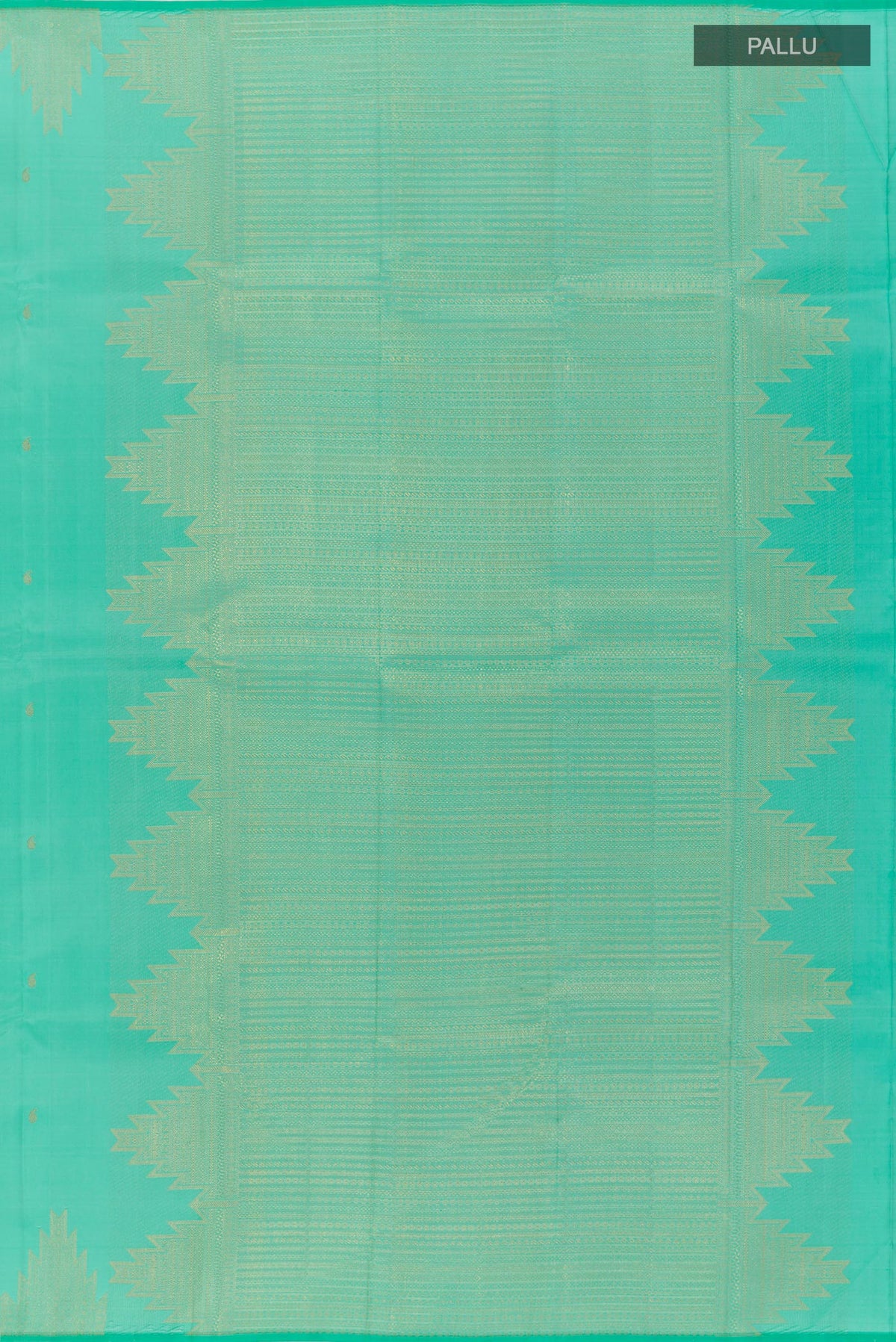 Close up image of the pallu of Turquoise Kanjivaram Silk Saree with Zari Butta on the body and Zari Border. 