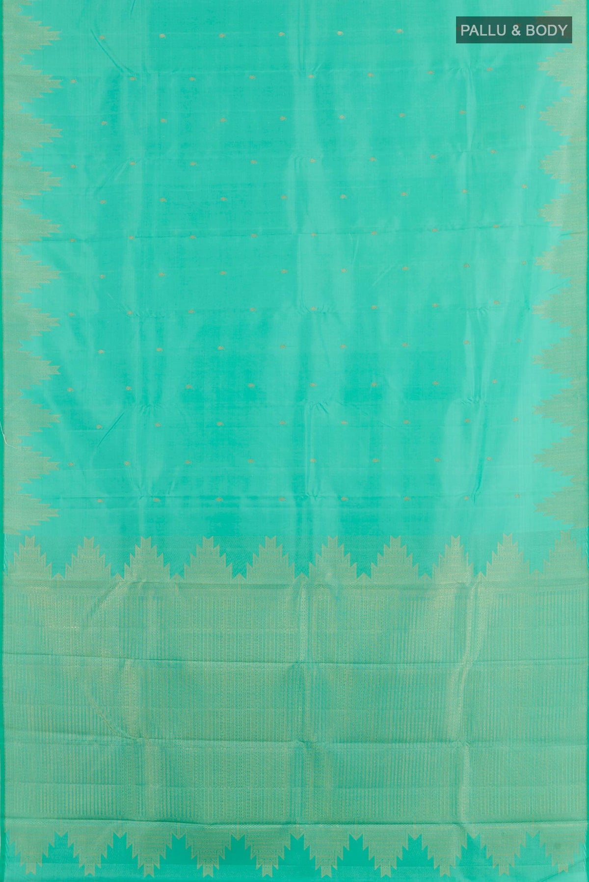 Flat view of Turquoise Kanjivaram Silk Saree with Zari Butta on the body and Zari Border. 