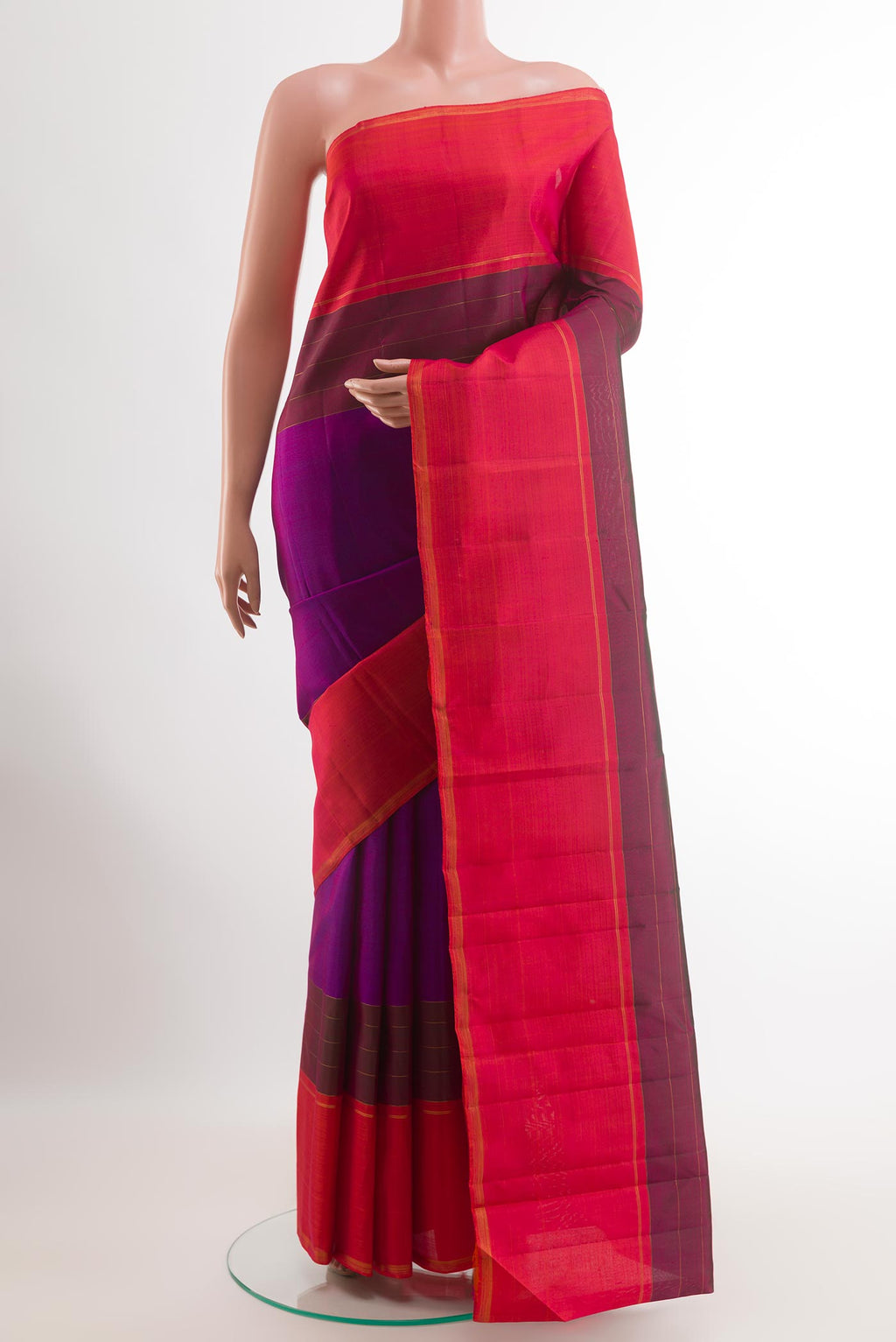 Pure Silk Pure Zari Purple Kanchipuram Saree with Plain Body and Plain Border.  displayed on a mannequin