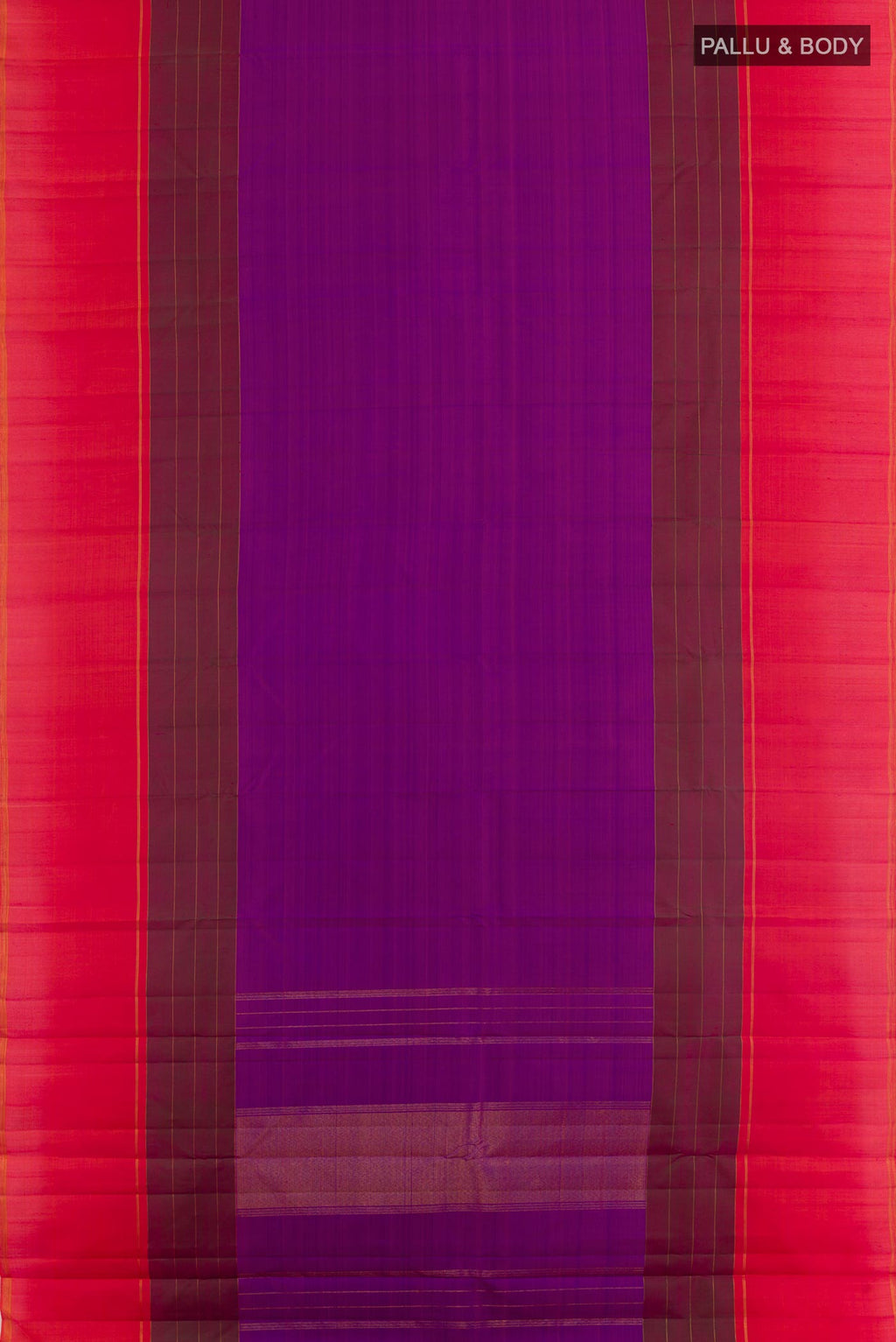 Flat view of Pure Silk Pure Zari Purple Kanchipuram Saree with Plain Body and Plain Border. 