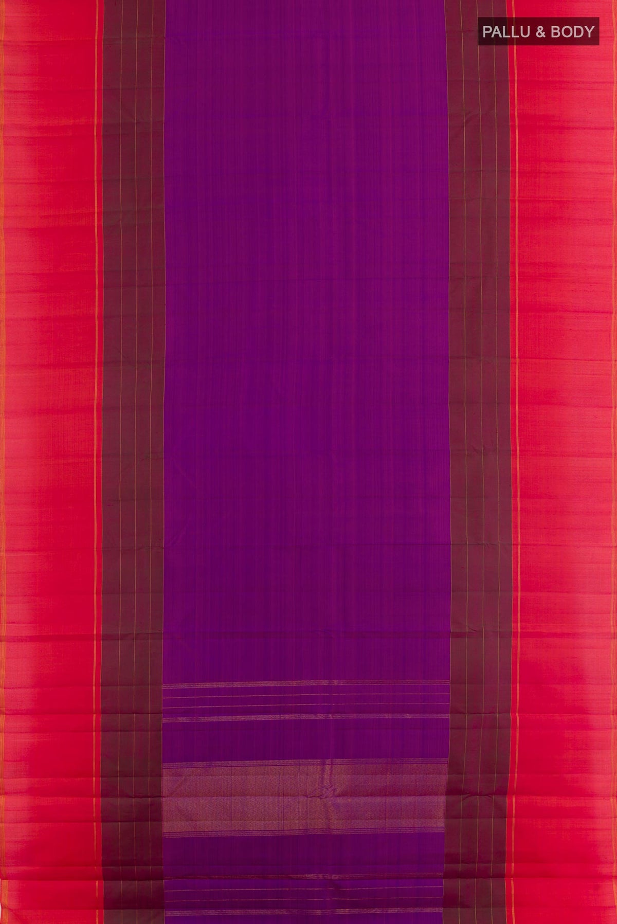 Flat view of Pure Silk Pure Zari Purple Kanchipuram Saree with Plain Body and Plain Border. 