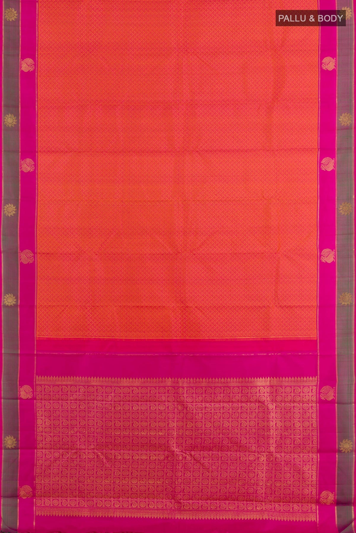 Flat view of Peach Kanjivaram Silk Saree with Jacquard design on the body and Zari Border. 