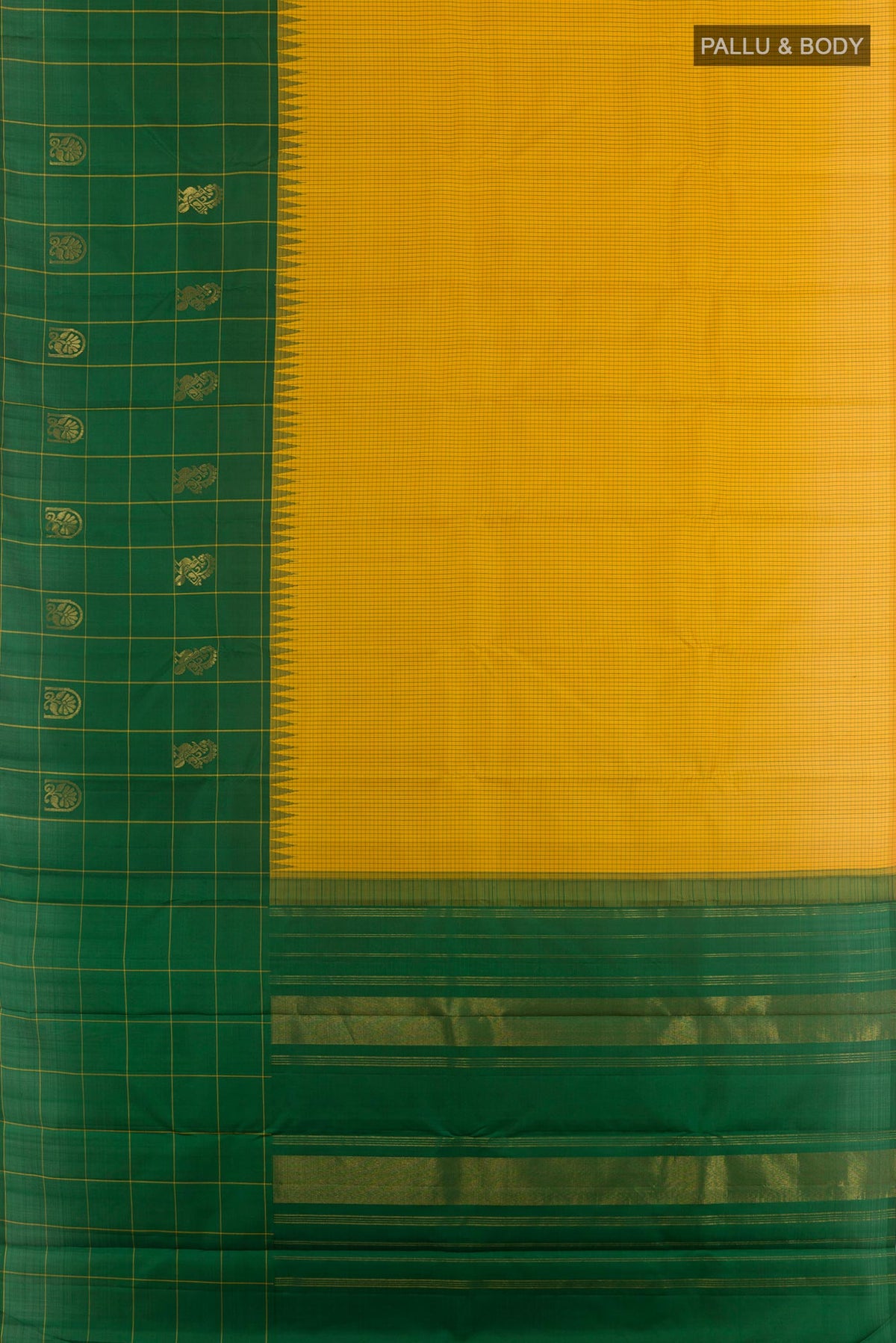 Flat view of Yellow Kanchipuram Silk Saree with Checked design on the body and Zari Border. 